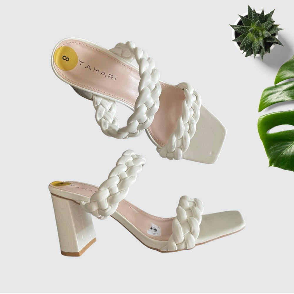 Tahari White Braided Chunky Low Heel , Mule slide on.